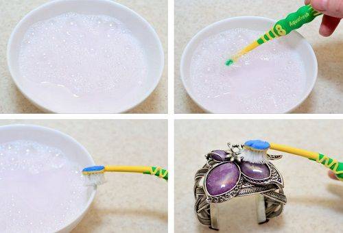 cleaning the bracelet with a solution of baking soda, chalk and water