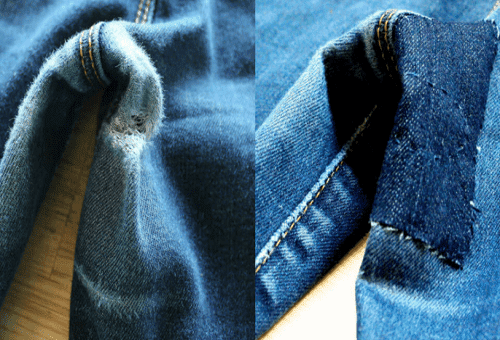 jeans før og etter å ha sydd på en lapp
