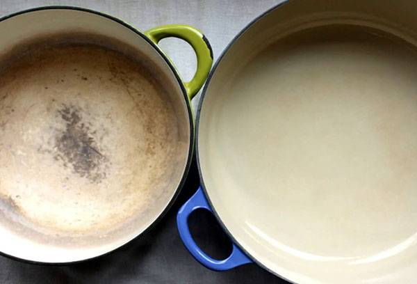 Emaliowane naczynia przed i po czyszczeniu