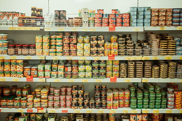 Canned food on shelves in a store