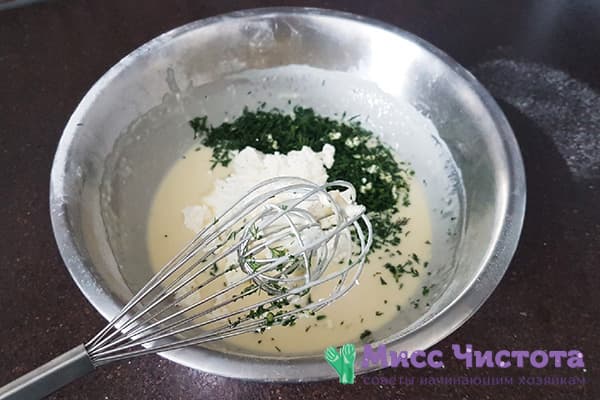 Add greens and cheese to pancake dough