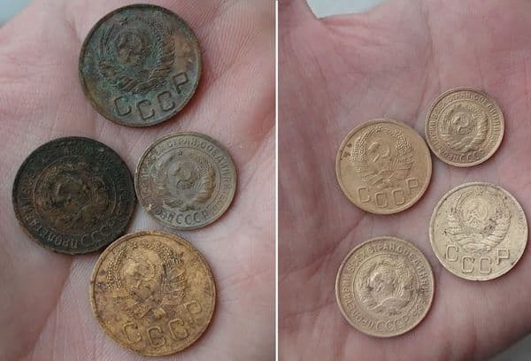 moedas antes e depois da limpeza