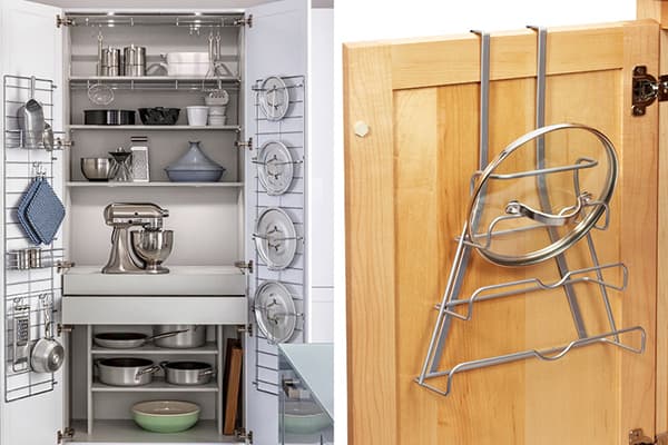 Hanging metal lid holders in the kitchen