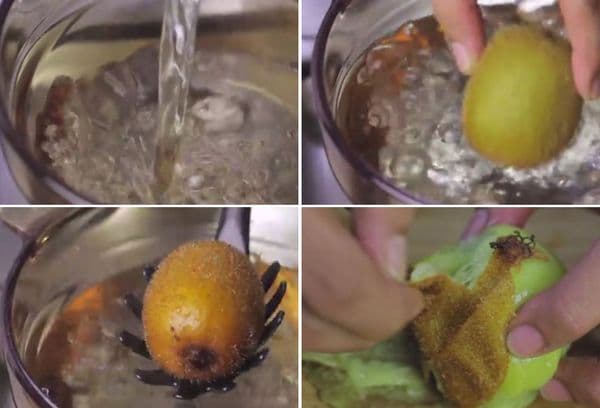 Membersihkan kiwi dengan air mendidih