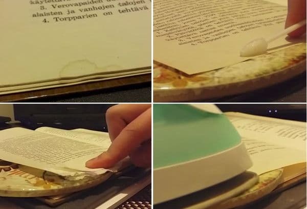 remoção de manchas de uma folha de livro