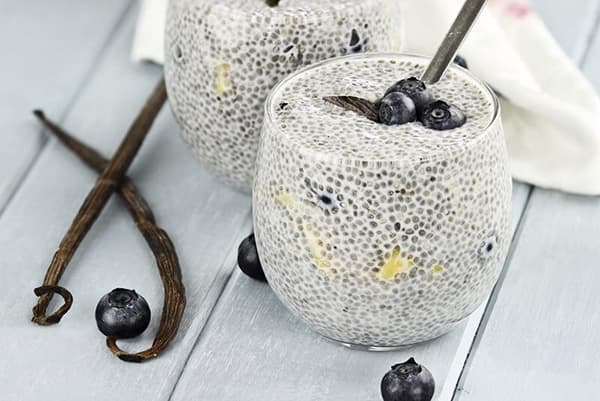 Chia seeds in blueberry milk
