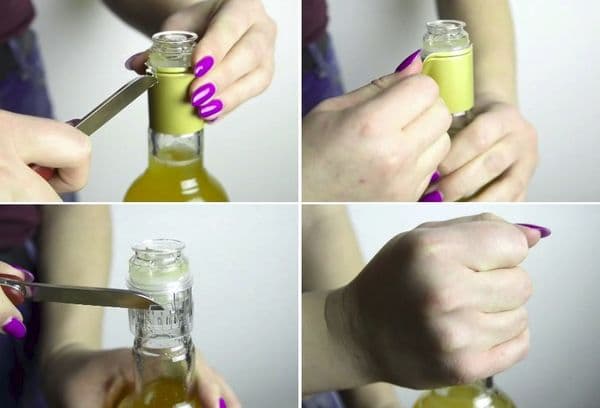 Removing the dispenser from the bottle with a knife