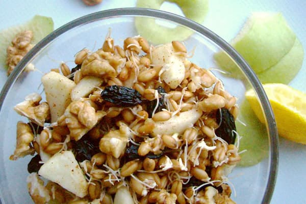 Raňajky jabĺk, pšeničných klíčkov, orechov a sušeného ovocia