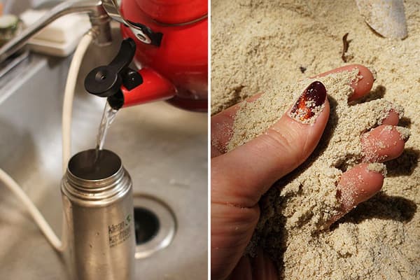 Limpando a garrafa térmica com areia