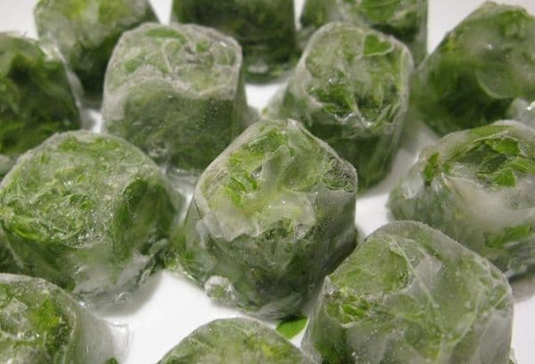 кубчета лед със зеленина
