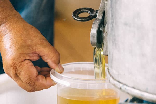 A man pours honey in a plastic bucket