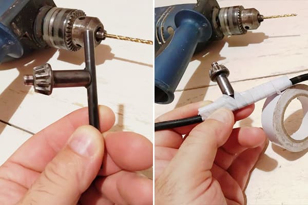 Buộc chặt chìa khóa từ máy khoan vào dây trên băng keo điện